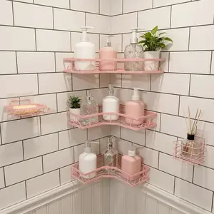 Caddy Shower Storage 5-Piece Set Self-Adhesive Stainless Steel Shelf No Drilling Required Rust-Resistant Bathroom Decor Accessories Pink Shampoo Body Wash Basket Large Capacity Hollow Round Design pink bathroom Water Proof Toothbrush Soap Minimalist