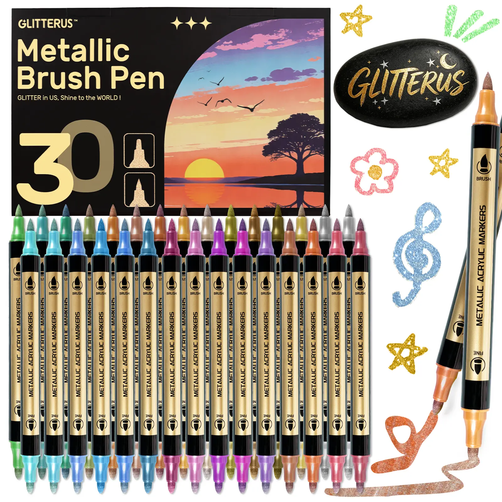 Glitterus Metallic Acrylic Paint Markers - Dual Brush & Fine Tips Unisex Art Supplies for Fabric, Rock Painting, Ideal for Adults, Art for Kids, Thanksgiving, Easter, Valentine's Day Gifts, Guest Book Decor