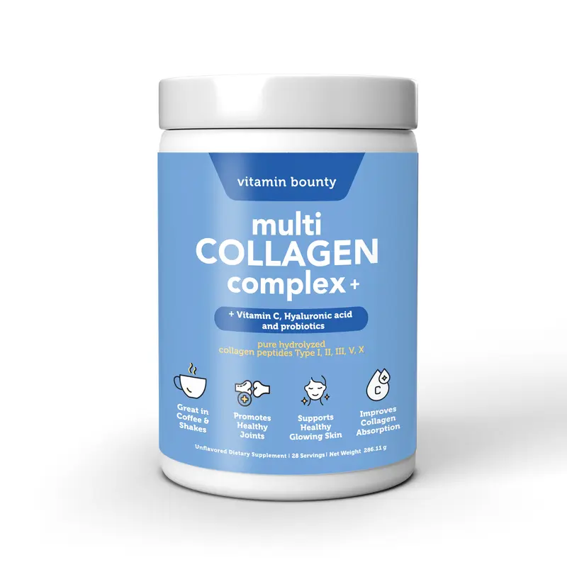 Vitamin Bounty Multi-Collagen Complex+ - Pure Hydrolyzed Peptides, Vitamin C, Hyaluronic Acid, Probiotics, Sugar Free - Fitness, Beauty Products Support, Moisture Retention, Joint Health, Unflavored Supplement, Edible Natural