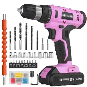 FadakWatt 20V Cordless Drill Driver Kit 21+1 Torque Pink Electric Drill with LED Light & Drill Bits Set for Metal Wood Screws Multi-Functional Power Tools Tool Box