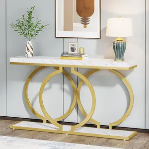 Tribesigns Modern 55-Inch Gold Console Table for Living Room, Faux Marble Sofa Table with Geometric Metal Frame in White and Gold