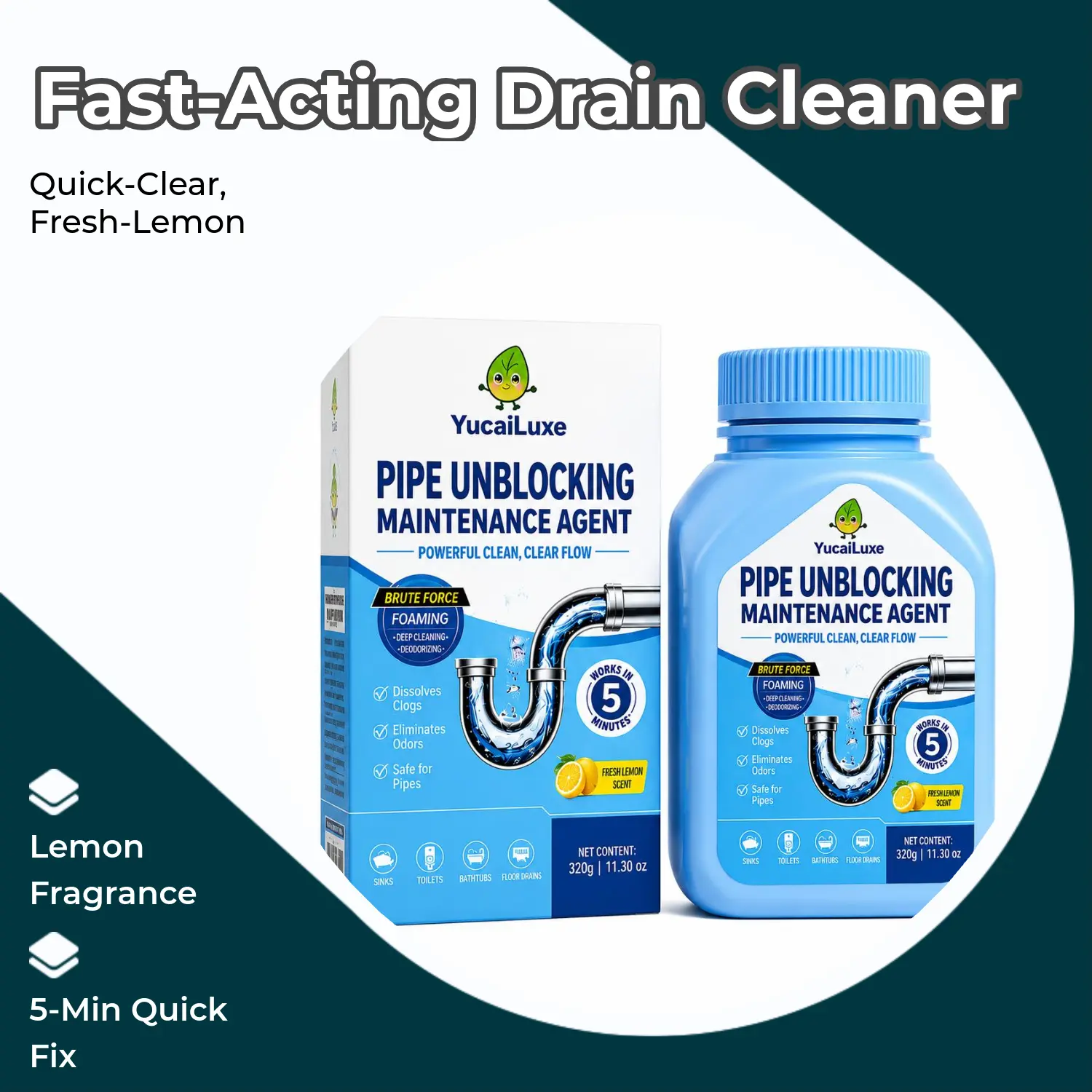 YucaiLuxe Foaming Pipe Unblocking Agent, 5-Min Fast-Acting Drain Clog Remover, Lemon-Scent Hair & Grease Dissolver for Sink, Toilet, Safe for All Pipes Home Drain Maintenance Cleaner