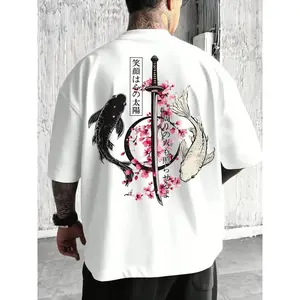 Men's Samurai Sword and Cherry Blossom Graphic Print Loose Fit T-Shirt, Casual Streetwear for Daily Wear, Trendy Outdoor Style