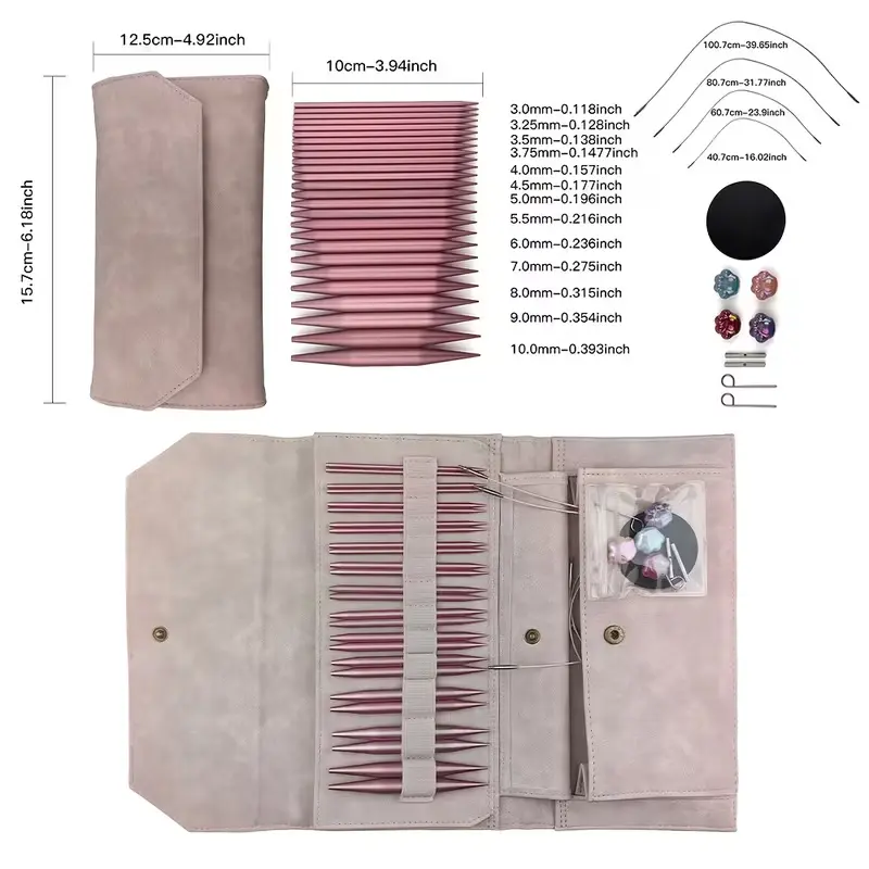13 Pairs Pink Aluminum Oxide Circular Knitting Needles Set | 10cm Detachable Interchangeable Knitting Needles with Cords for DIY Crochet & Knitting Projects