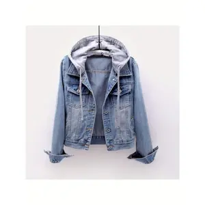 Women’s casual denim jacket — long-sleeved hooded denim short jacket with a blue cotton collar, suitable as a top for spring and autumn, also available as a women’s coat