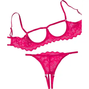 Floral Lace Push Up Bra & Hollow Strappy Thong Comfortable Stylish Nightwear Sleepwear for Women Soft Spandex  Bra Panties