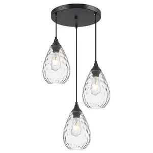 Black 3-Light Pendant Lighting, Modern Dining Room Light Fixture Over Table with Hammered Glass Cluster Hanging Lights for Kitchen Island Dining Room
