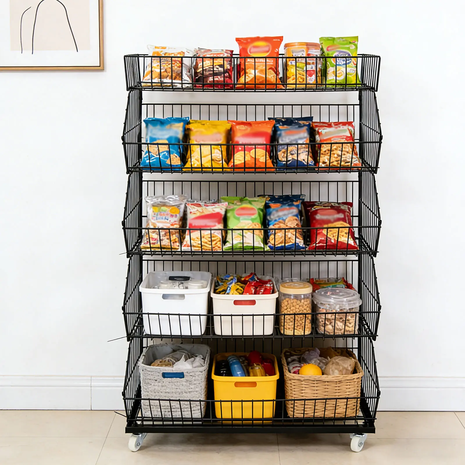 5-Tier Metal Wire Display Rack With Wheels, Ideal for Supermarket Fruit & Vegetable Storage or Home Use