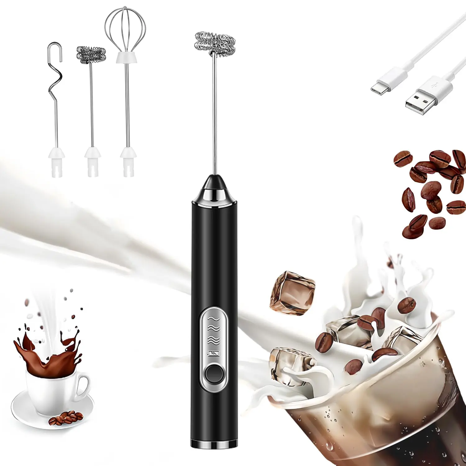Electric Milk Frother Rechargeable for Coffee, 3-Speed Handheld Foam Maker with Long-Lasting Battery, 3 Attachments for Lattes, Cappuccino Microfoam, Matcha, Easy to Clean Whisk （White、Black）