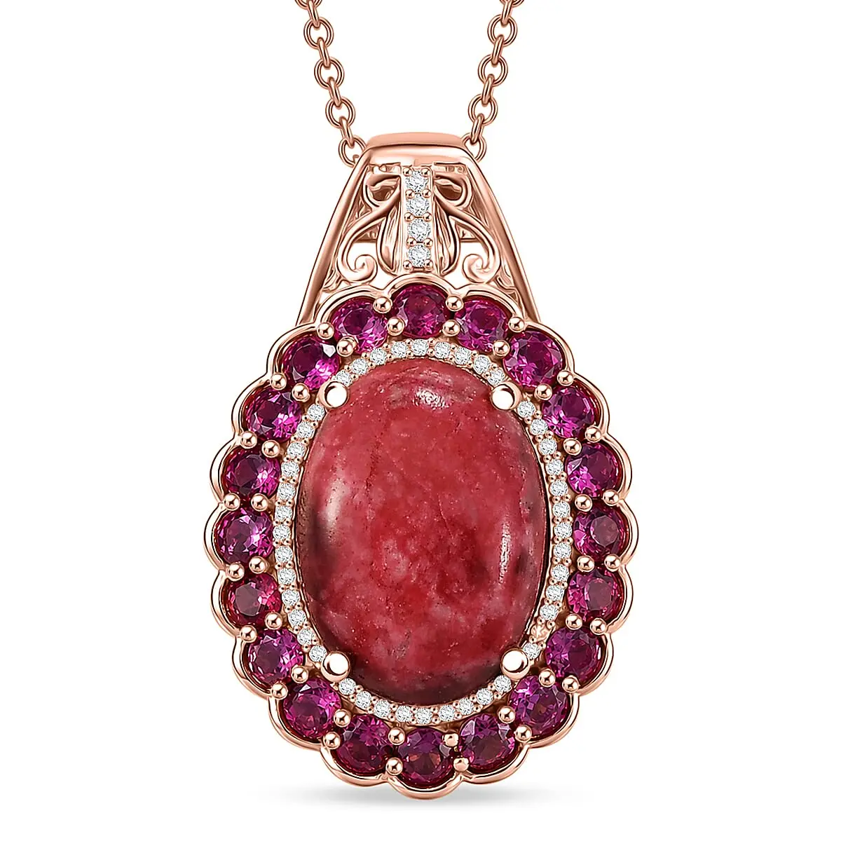 EverTrue Premium Norwegian Thulite and Multi Gemstone 19.40 ctw Velvet Blossom Glow Pendant in 18K RG Plated with ION Plated RG Stainless Steel Necklace 20 Inches (Ships in 10-12 Days)
