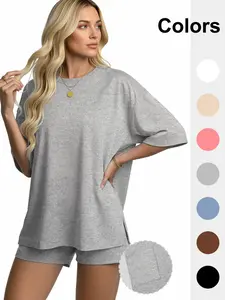 Women's Loose-Fit Two-Piece Loungewear Set, Pajama Set: Short-sleeve top and shorts, practical pockets, available in a variety of colors
