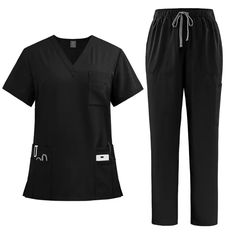 Women's Fitted Cut Medical Uniform Scrub Set - V-Neck Top, Straight-Leg Pants, Polyester Fiber Fabric, Patch Pockets, Machine Washable, Comfortable Sport & Outdoor Clothing Set, Straight Legs