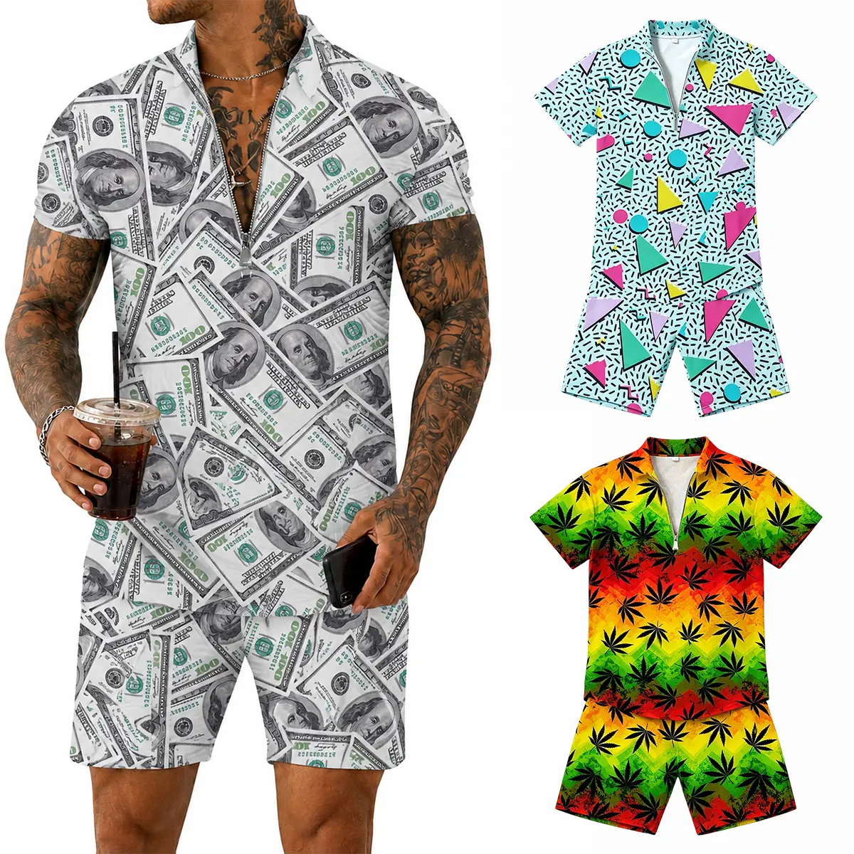 Men's 2 Piece Hawaiian Outfit Lightweight Casual Short Sleeve Zip Shirt and Shorts Set Tropical Floral Palm Print Quick Dry Beach Vacation Set Summer Tracksuit for Men Cruise Resort Pool Party Travel Holiday Wear M-3XL Casual Matching Set