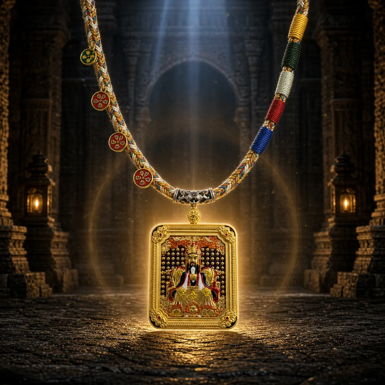 Vintage Gold Deity Pendant Necklace - Handwoven Multicolor Cord, Tassels, 5-Symbol Charms - Boho Statement Amulet Jewelry for Women - Spiritual Festival Meditation Gift