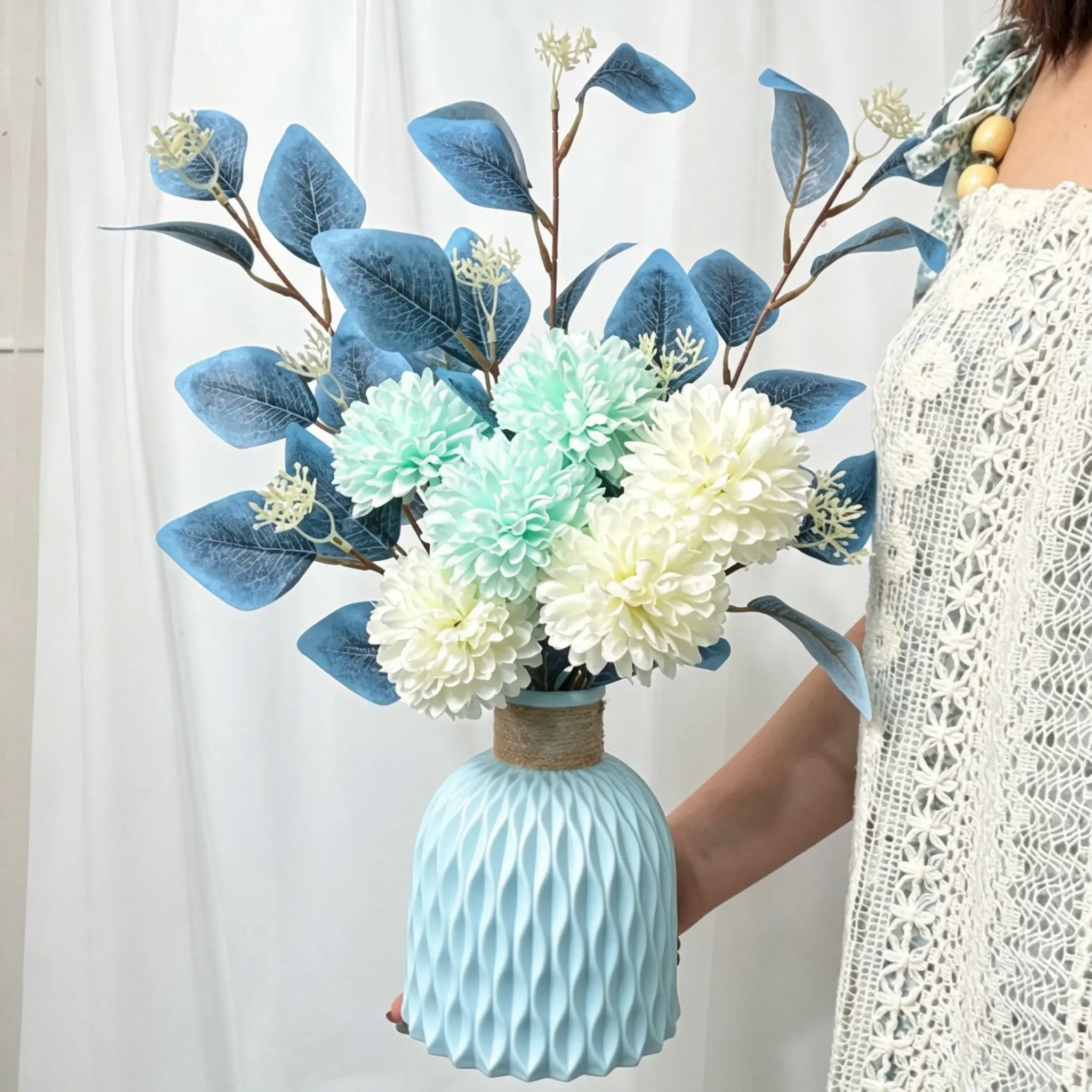 Mediterranean Light American Artificial Flower Set, Blue White Eucalyptus & Hydrangea Fake Floral Arrangement with Plastic Vase, Tabletop Home Decor