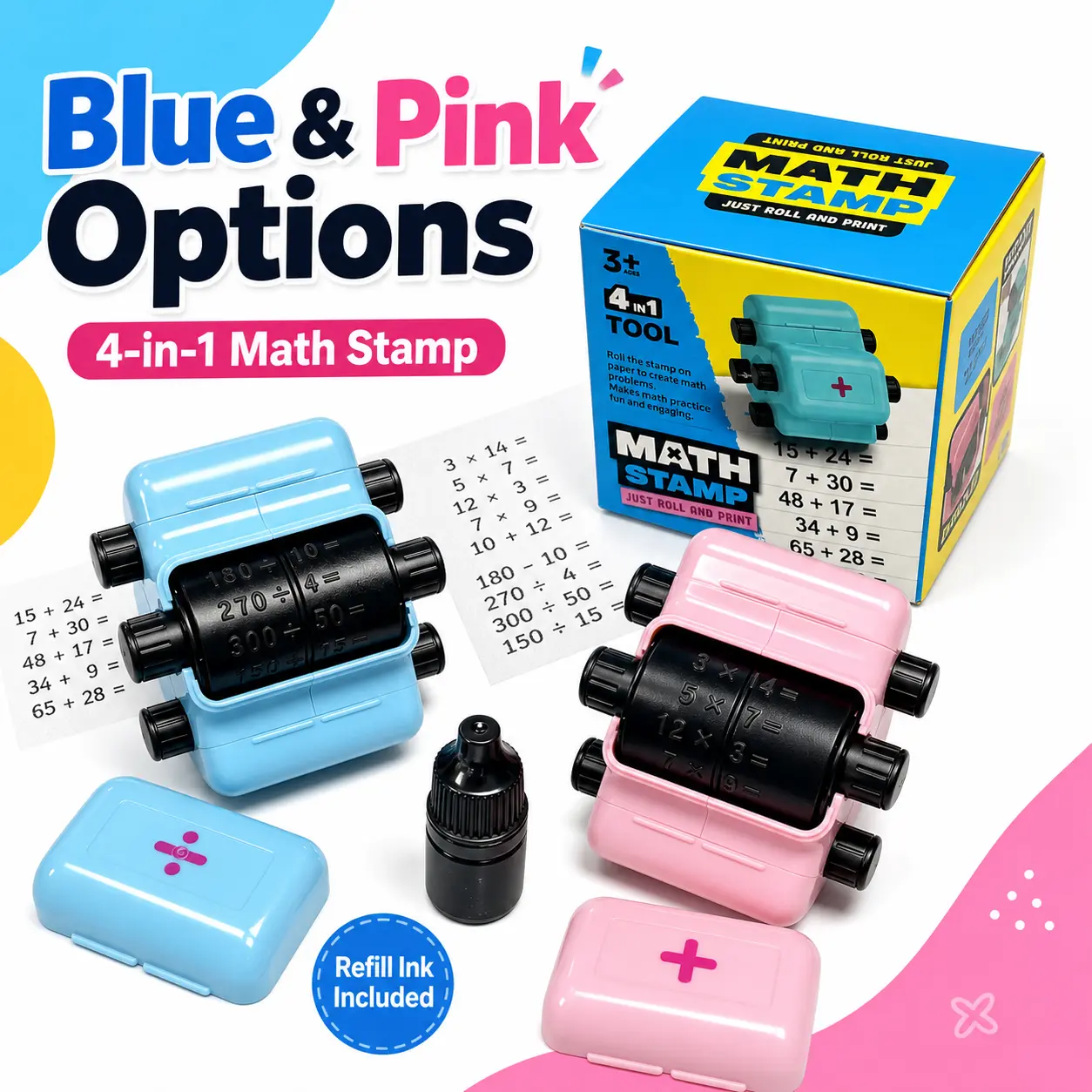 Unisex Kids Rolling Math Stamp (Pink) - Reusable Playful Maths Toy for 3+ Years, Featuring Arithmetic Ops (Addition/Subtr, Multiplication, Division)
