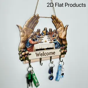 Flat Jesus and Disciples Wall Art Keychain Holder, 2D Jesus Disciples Key Rack Organizer with 4 Metal Hooks, Rustic Farmhouse Religious Decor, Religious Gifts for Family, Friends