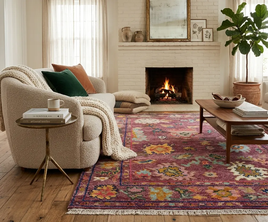 Hand knotted Oushak Rug in Vibrant Magenta, deep rose. Modern Turkish Wool Area Rug