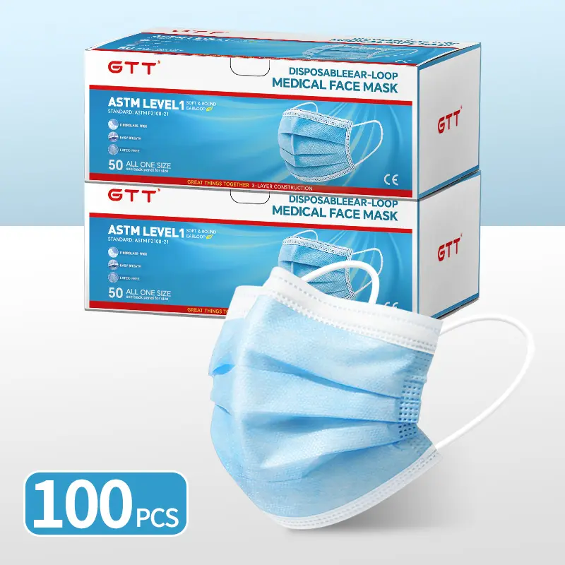 GTT Disposable Adult Protective Masks, 100-Pack Blue Latex-Free, ASTM Level 1 Certified, 3-Ply Breathable Fabric Ear Loops, Comfortable Mask Fit for Adults, Indoor/Outdoor School & Daily Use, Protective Mask, Work