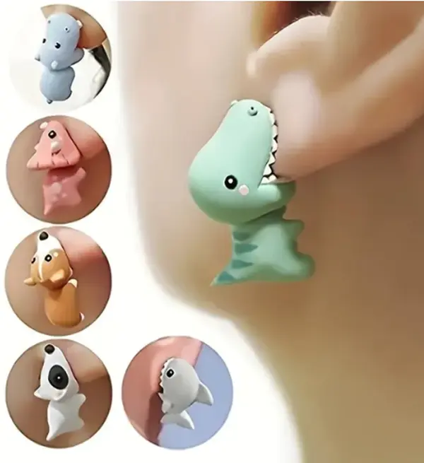 14-Piece Playful Animal Novelty Earrings Set - Dinosaur, Puppy, Whale Designs - Lightweight Hypoallergenic Clay Bite Jewelry, Unisex Fashion Accessory, Gift for Her for Animal Lovers