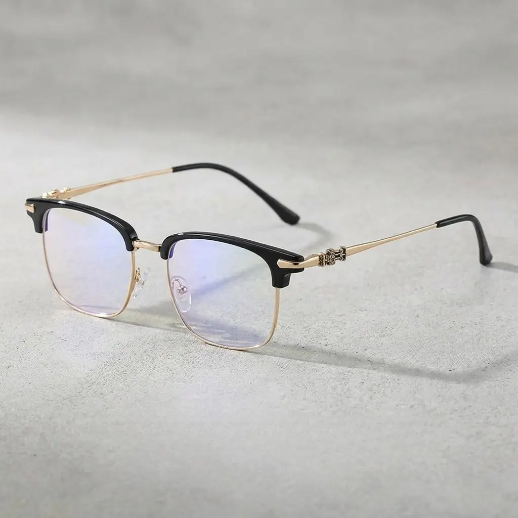 Vintage Browline Blue Lights Glasses with Carved Metal Detail, 2-Tone Semi-Rim Acetate & Gold-Toned Alloy Frame for Computer Eye Strain, Browline Glasses, Ergonomic, Gold-Toned Non-Prescription Glasses