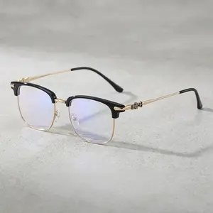 Classic Browline Half Rim Anti Blue Light Glasses, Polished Gold Alloy & Black Acetate Frame Decor Metal Detail, All-Match Fashion Computer Eyewear