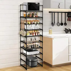 10-Tier Modular Metal Kitchen Organizer - Space-Saving Shelf For Spices/Cookware/Small Appliances, Heavy Duty Pantry Storage Rack With Adjustable Hooks - Matte Black Kitchen Cabinet Organizer (2025 Small Space Solution)