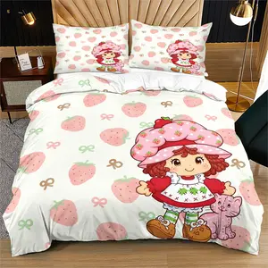 Strawberry Shortcake & Pink Cat Duvet Cover Set 2/3 Piece (1 Duvet Cover + 1-2 Pillowcases, No Comforter Included), Cute Cartoon Strawberry Print Bedding for Kids' Bedroom & Dorm