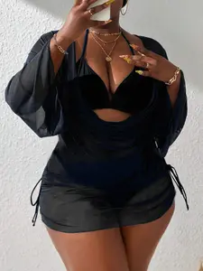 Women Plus Size Halter Triangle Bikini 3 Piece Swimsuit Set with Ruched Drawstring Side Cover Up