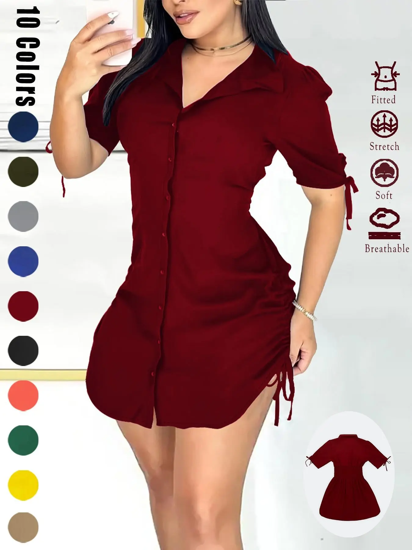 Women's Sexy Basic V Neck Button Shirtwaist Mini Dress, Slim-Fit Woven Fabric, All-Season Casual Wear, Perfect for Any Occasion, Dresses For Party, Summer