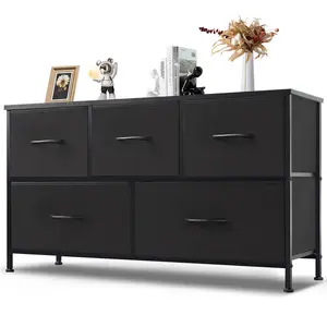 Dresser for Bedroom with 5 Storage Drawers, Wide Fabric Closet Chests Organizer Tower Furniture with Wooden Top Metal Frame for Clothes, Living Room, Hallway, Entryway