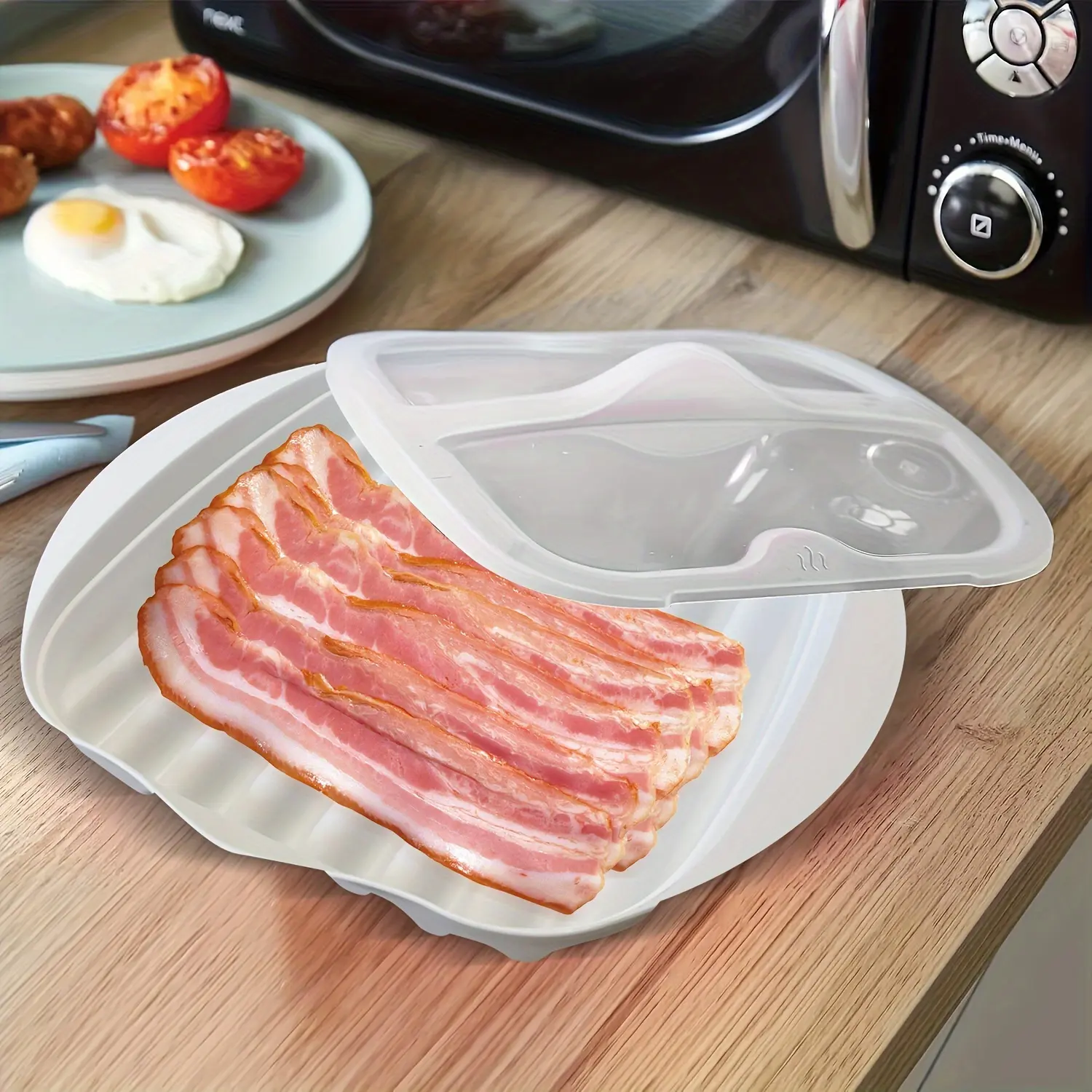 Microwave Bacon Maker Microwavable Bacon Grill, Bacon Tray, Pizza Tray, Sauce Tray, Microwave Oven Cooker, Red White, Kitchen, Multifunction