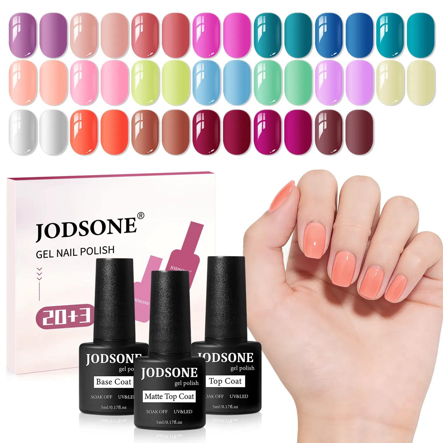 JODSONE 20-Color Vibrant High-Shine Gel Polish Kit, 3 PCS Included: Base Coat, Matte & Glossy Top Coats