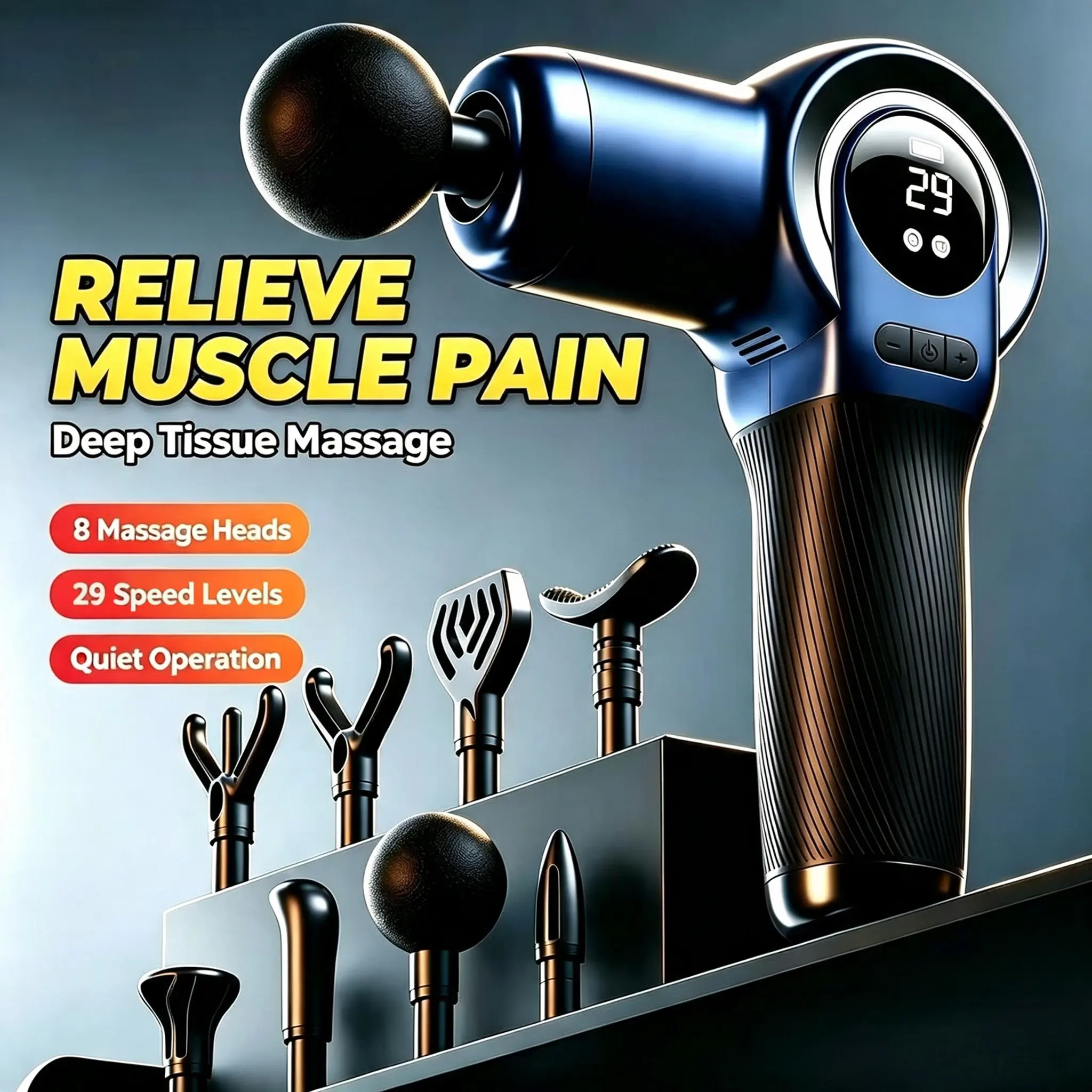 29-gear adjustable electric muscle massager, portable muscle massage guns with 8 head replacements, deep tissue back massager devices with LED display, handheld percussion massager for muscle relief, electric muscle massage for athletes and daily recovery