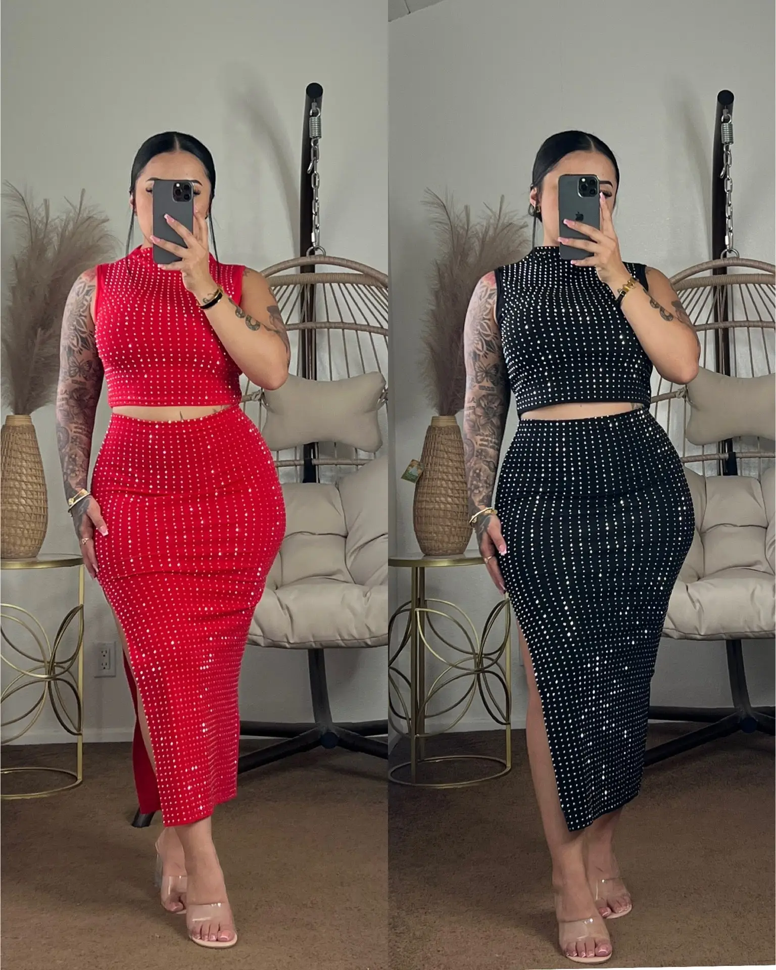 It’s Time To Celebrate Shiny Set Spandex Comfy Set for Special Occasion - High Waist Top & Skirt in Red & Black, Stretchy Cotton Fabric