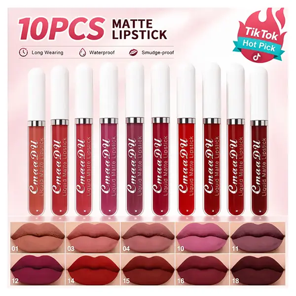 10pcs/Box Matte Lipstick & Lip Gloss Set, 24-Hour Wear, Waterproof, Nonstick, Easy to Apply, All Skin Types, Beginner-Friendly Beauty Makeup Product