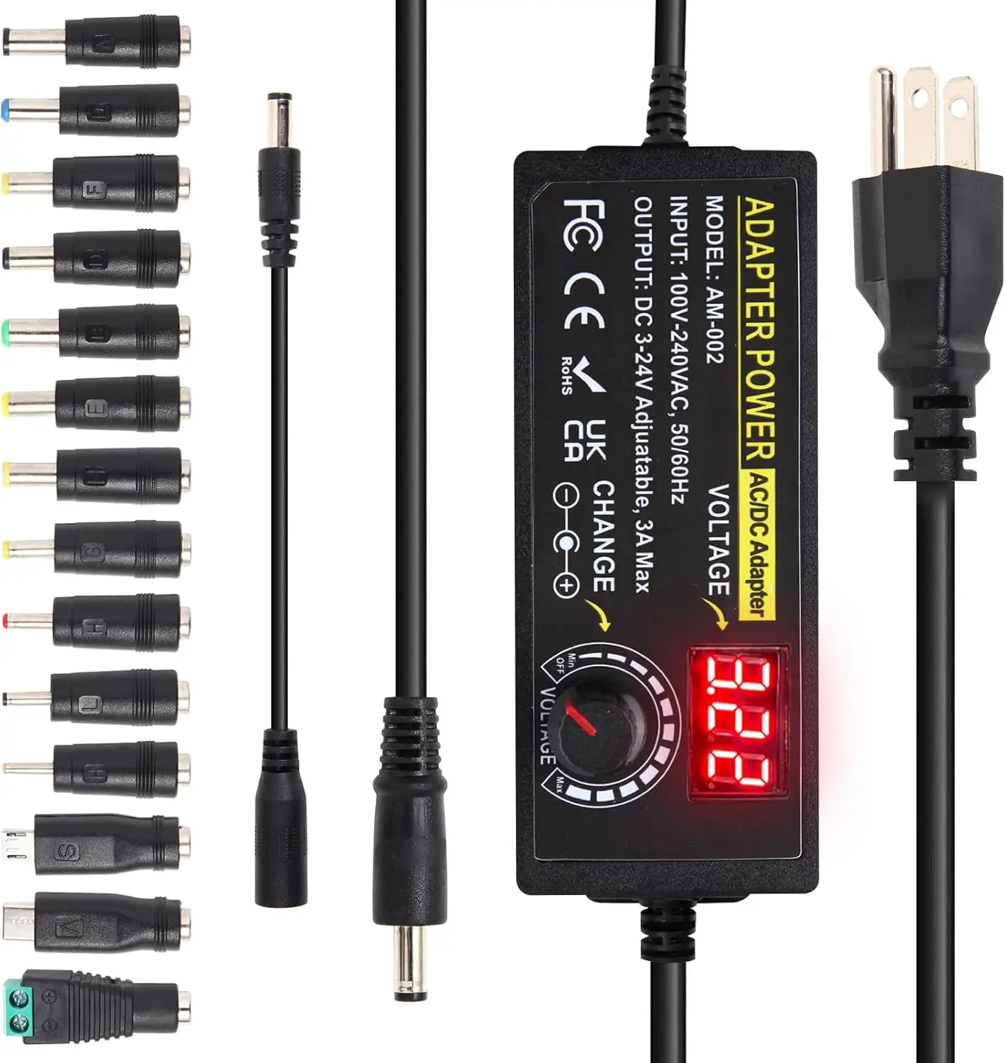 3V ~ 24V 3A 72W Power Supply Adjustable 3V 5V 6V 9V 12V 15V 16V 18V 19V 20V 24V Universal VariableAC/DC Adapter 100V-240V AC to DC Converter with 14 Tips for LED Strip Light Speaker Router