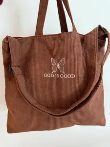 Embroidered God Is Good Corduroy Crossbody Bag Christian Retro Butterfly Tote Bible Study Bag with Zipper Christian Gift for Women
