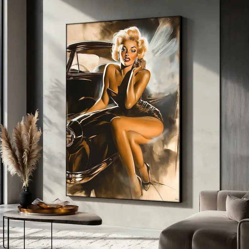 Marilyn Monroe Vintage Artistic Canvas Wall Art - Retro Hollywood Classic Car, Minimalist Plain Eco-Friendly Cotton Matte 1-Piece Print, Kid Room Modern Home Decor, Elegant Gift for Art Enthusiasts