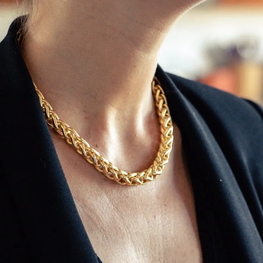 Designer Karine Sultan 24 k Plated Copper Necklace with Classic Collar Wheat Chain Design