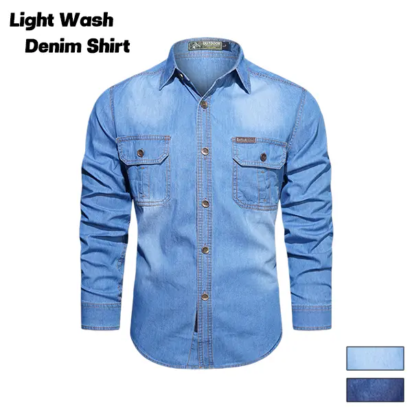 Men's Lightly Washed Collared Denim Button Shirt - Classic Menswear with Fabric Pocket, Casual Everyday Style