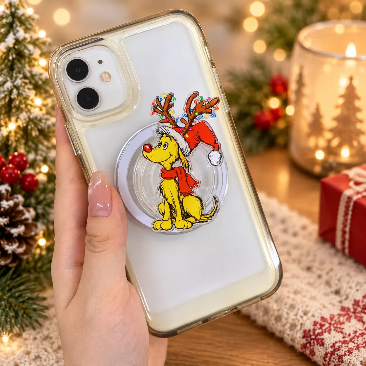 Christmas Max Reindeer Dog Magnetic Phone Grip – Funny Holiday Pup Acrylic Phone Stand, Santa Hat & Antler Grip Holder, Festive Winter Phone Accessory Gift