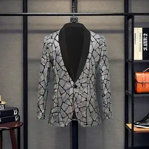 Mens Sequin Blazer Tuxedo Party Prom Wedding Tuxedo One Button Jacket-Sliver