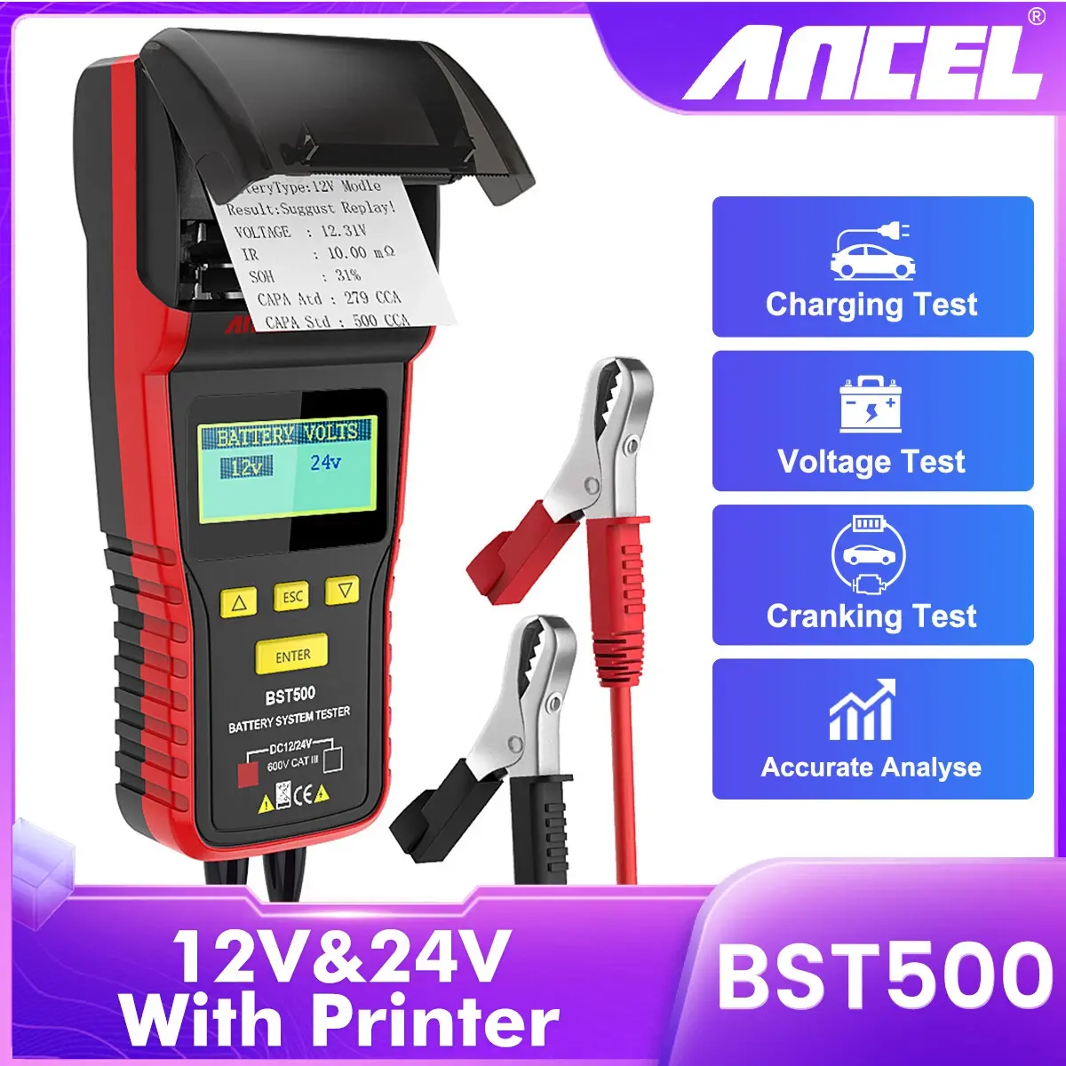 ANCEL BST500 Automotive Battery Analyzer with Built-in Printer, 12V-24V Dual Voltage 100-2000 CCA Load Tester, Fast Testing Cranking & Charging System Tool with Alligator Clips for Cars, Trucks (Supports English, Spanish, French, German, Italian, Polish)