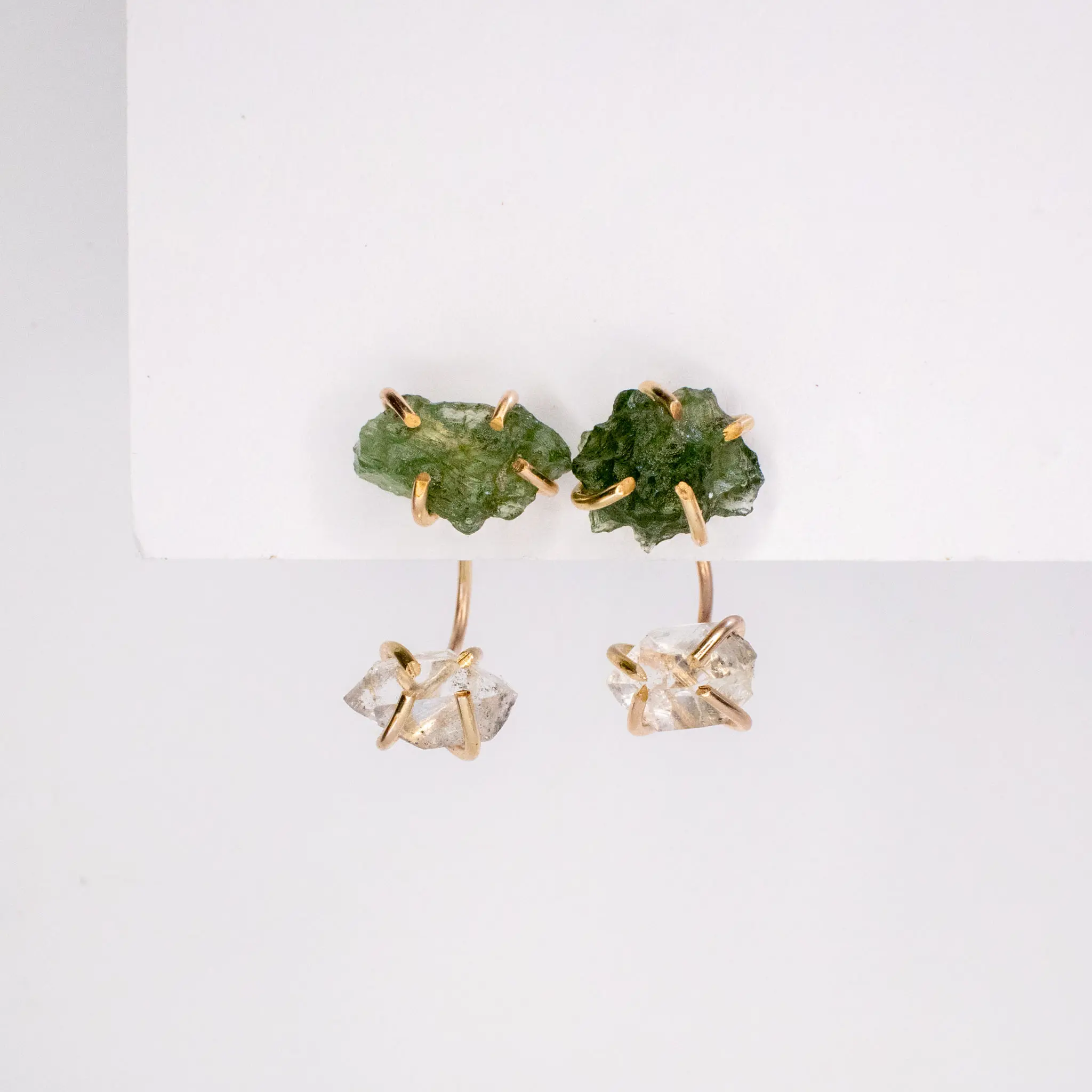 Moldavite Herkimer EAR JACKET earrings Gold-filled | Sterling Silver + Certificate from Czech Republic, made to order