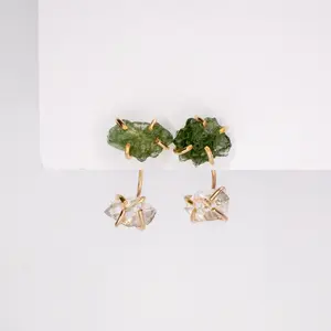 Moldavite Herkimer EAR JACKET earrings Gold-filled | Sterling Silver + Certificate from Czech Republic, made to order