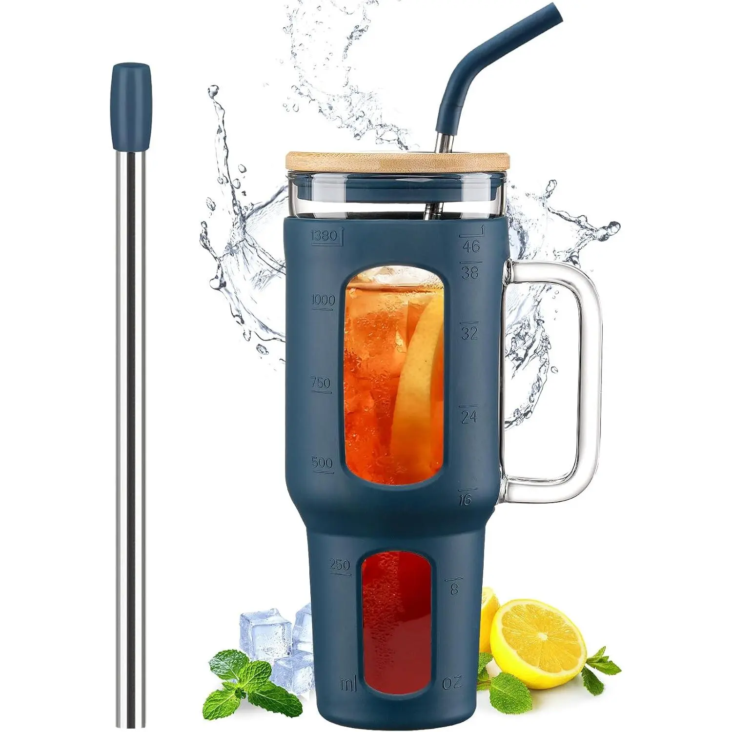 Glass Tumbler with Lid and Straw, 46 oz Iced Coffee Cup with Handle, Large Water Bottles with Silicone Sleeve, Glass Cup with Straws - Pearl Straw & Drinking Straw BPA Free-Blue