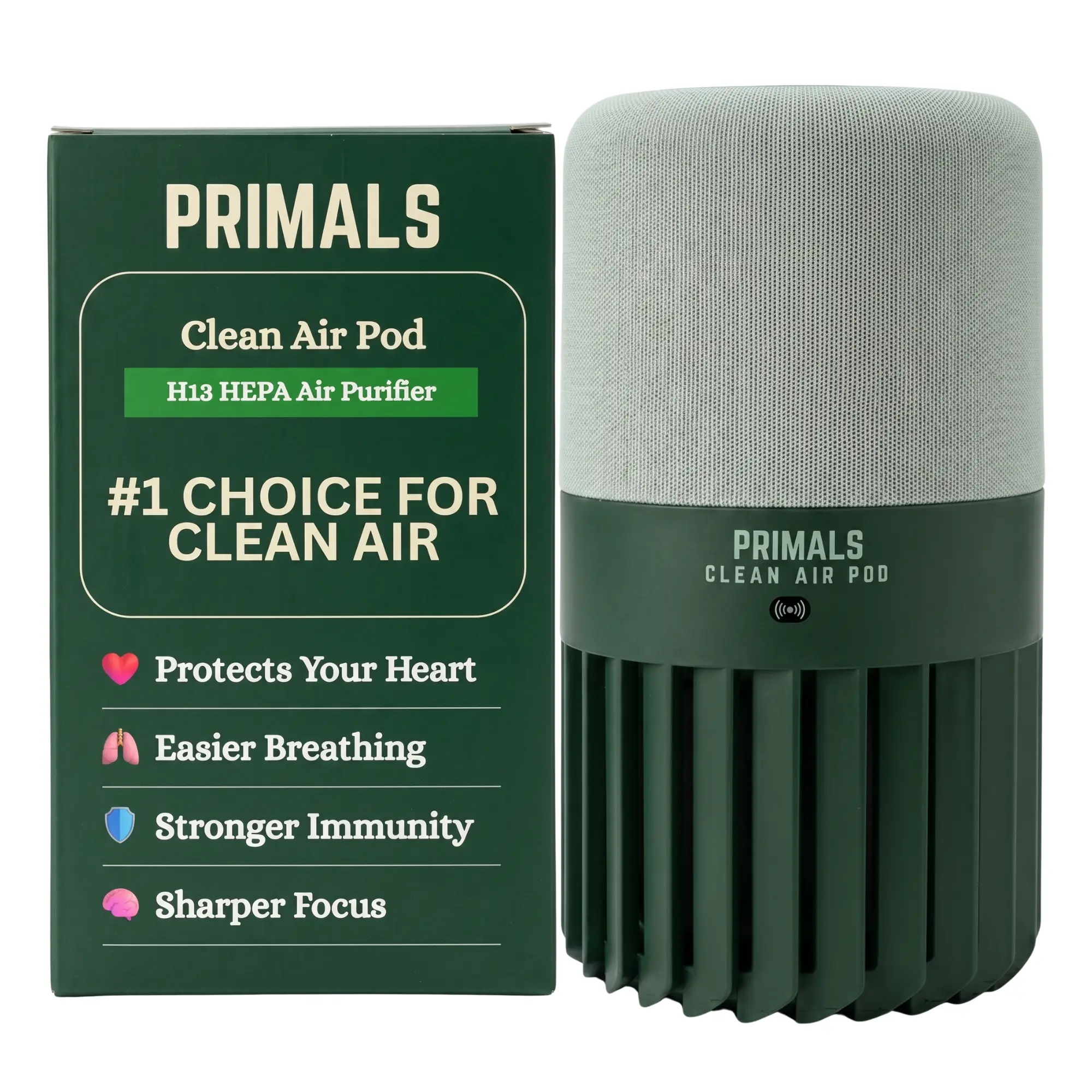 PRIMALS Clean Air Pod - H13 + Activated Carbon Air Purifier for Home - Covers Up to 800 Ft² - For Bedrooms, Kitchens, Bathrooms, Offices - Ultra Quiet & Portable