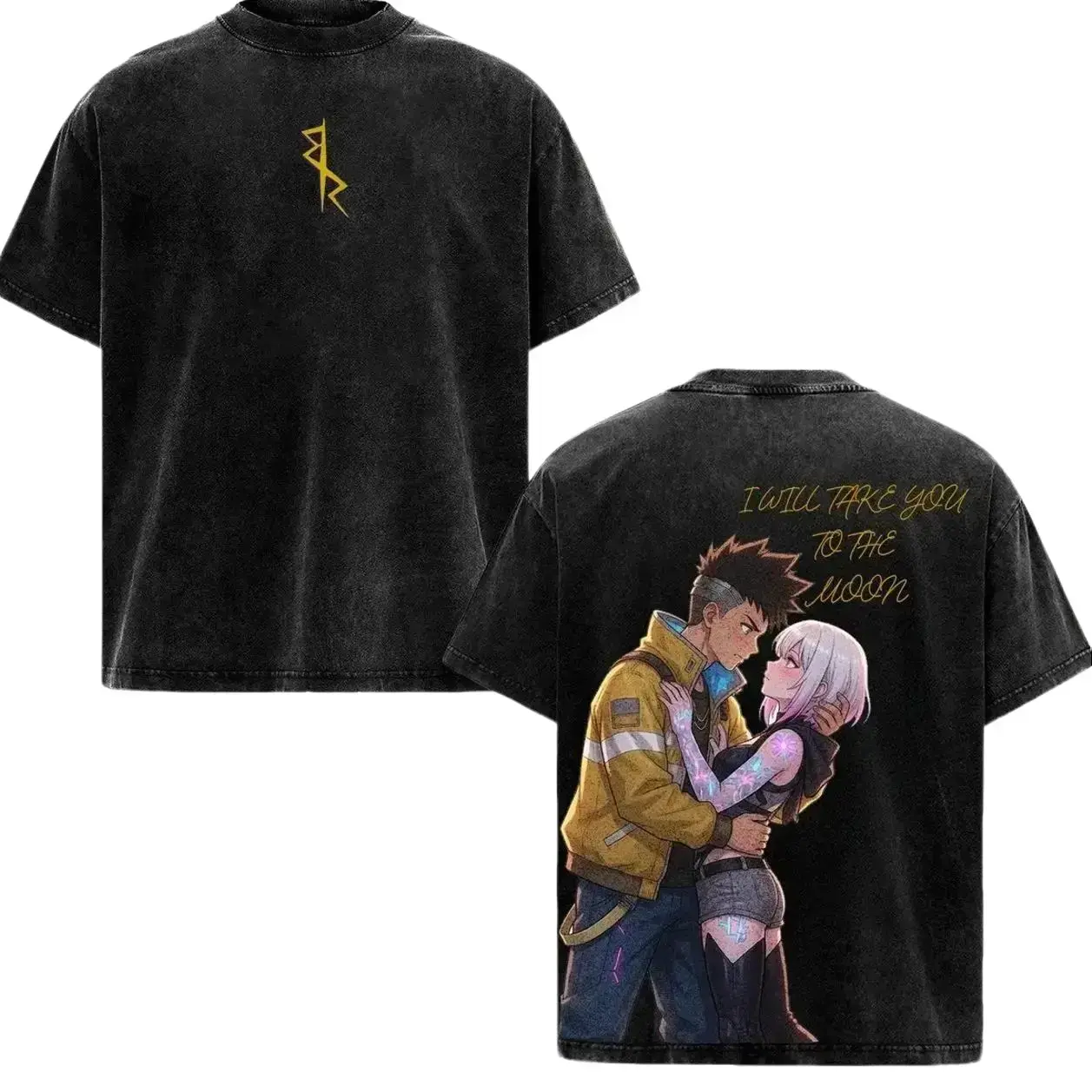 Vintage Washed Oversized Anime Graphic Tee Cyberpunk Edgerunners David Lucy To The Moon Shirt Men Women Y2K Heavy Cotton Streetwear Harajuku Top Gamer Cosplay Casual Fit Faded Black High Def T-Shirt TikTok Trending S-3XL Everyday Gym Pump Cover Merch