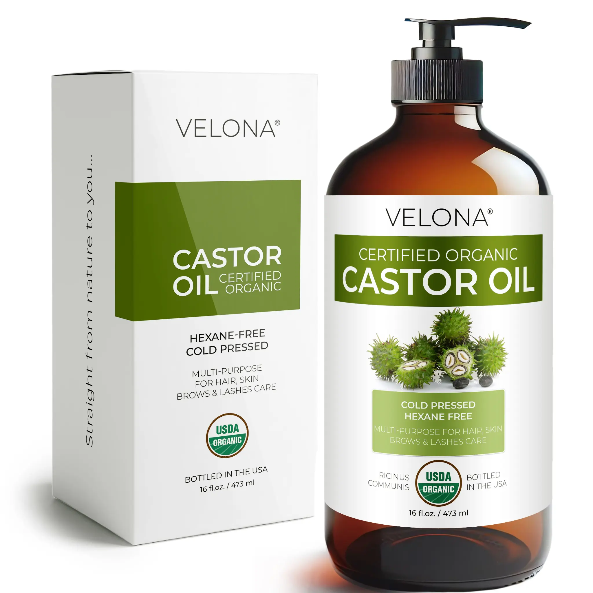 velona USDA Certified Organic Castor Oil - 16 oz in Glass Bottle | For Hair Growth, Boost Eyelashes, Eyebrows | Cold pressed, Natural Oil, USP Grade | Hexane Free, Lash Serum, Caster
